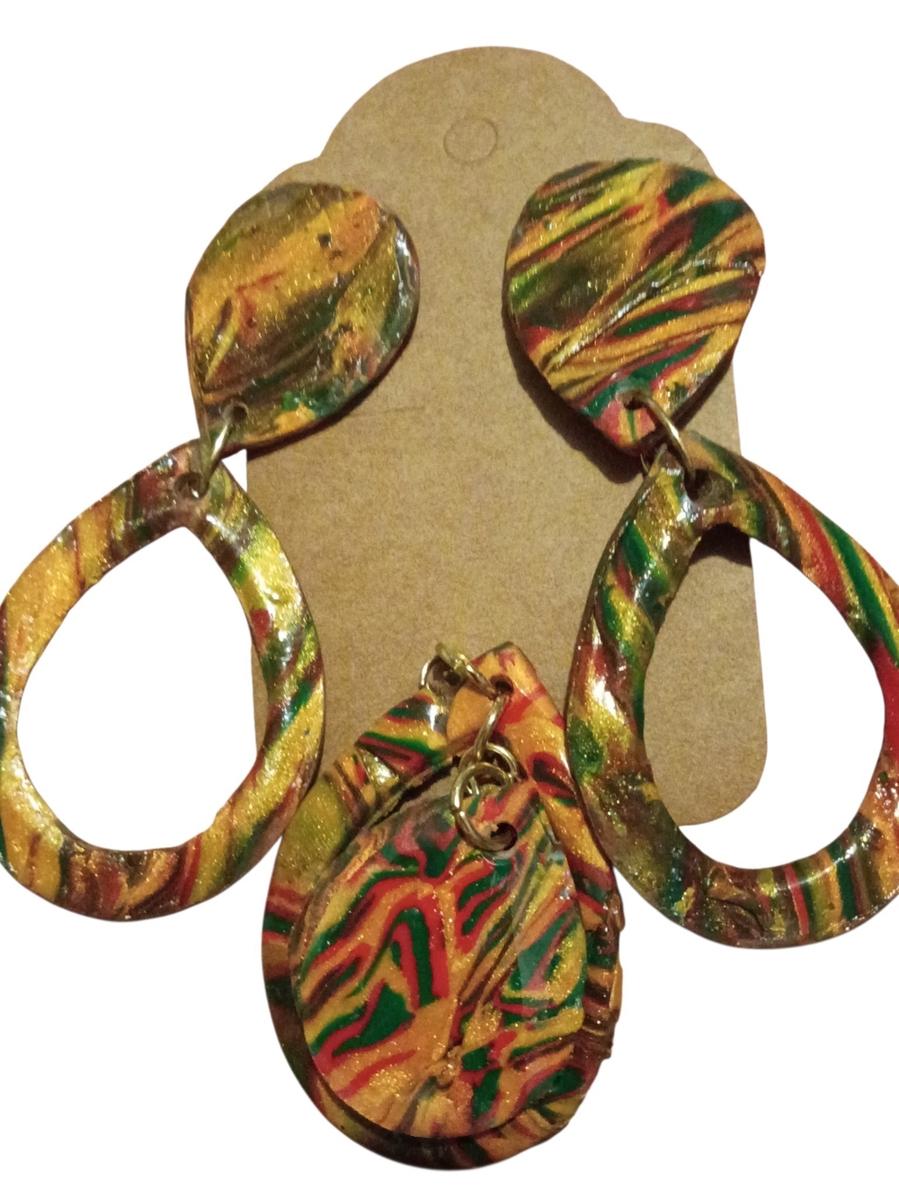 Multicolor Teardrop Dangle Earrings - Vibrant Green/Red/Gold Design